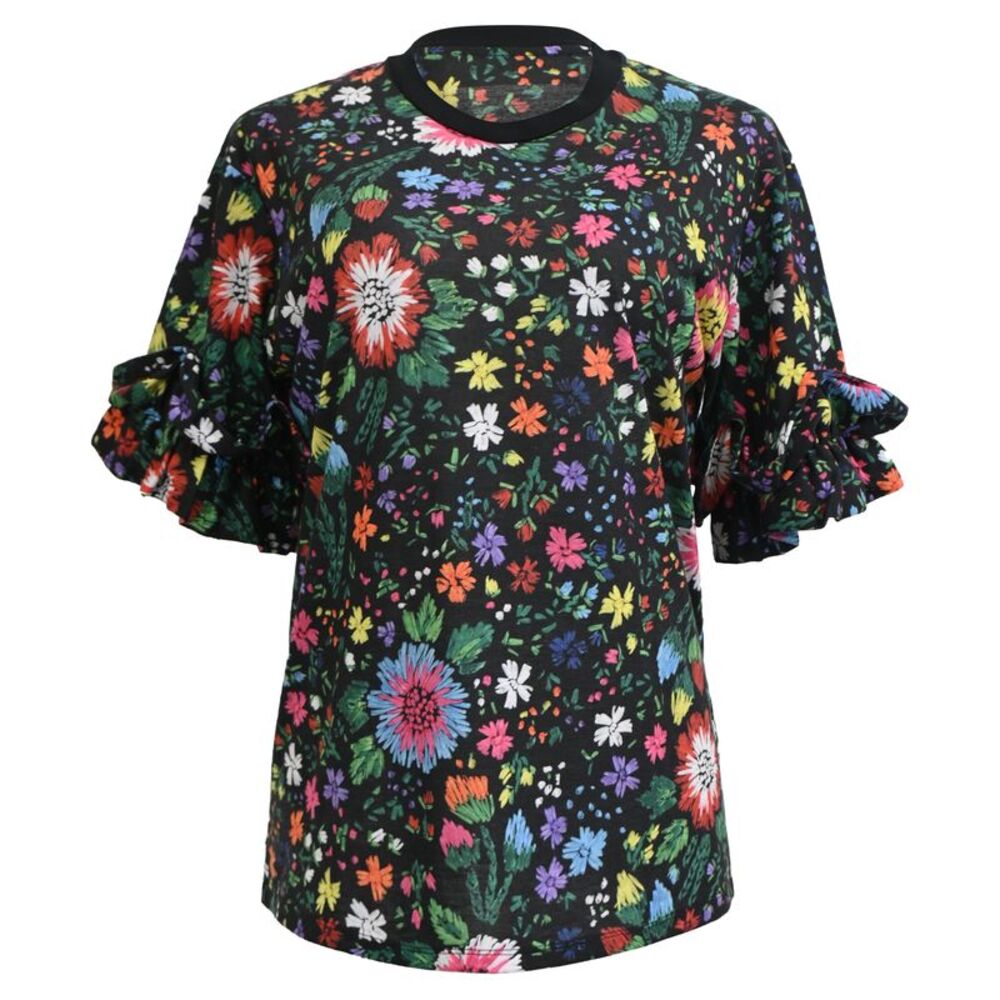 Victoria Beckham Floral-Printed Printed Ruffle T-Shirt in Multicolor Cotton